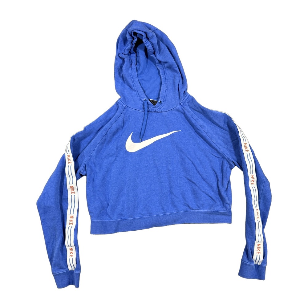 Nike Womens Blue Cropped Hoodie Logo Tape Long Sleeve Sweatshirt Medium